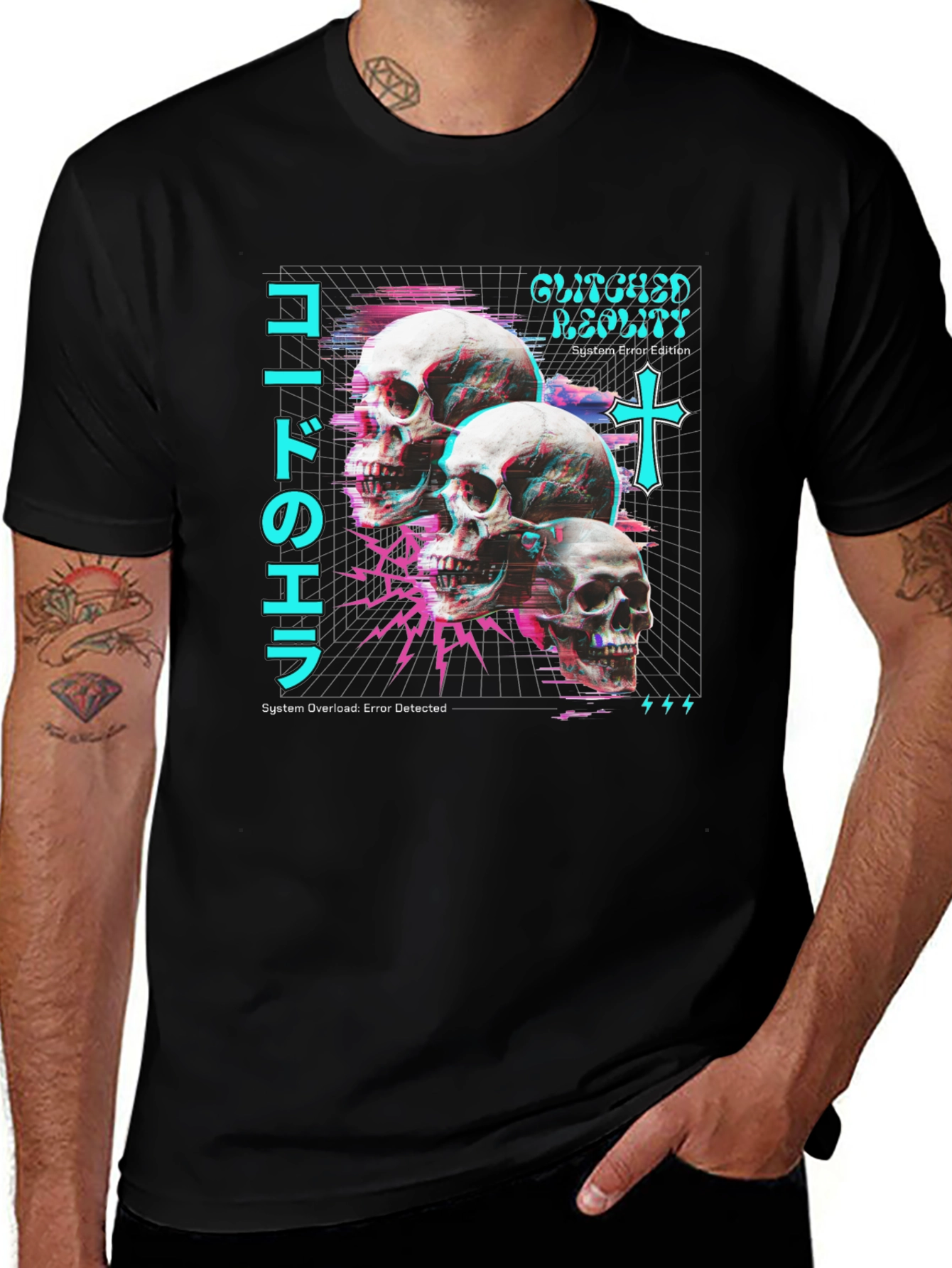 Glitch Reality Skull T-Shirt - Cyberpunk Aesthetic