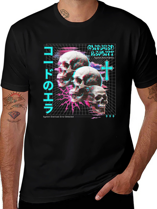 Glitch Reality Skull T-Shirt - Cyberpunk Aesthetic
