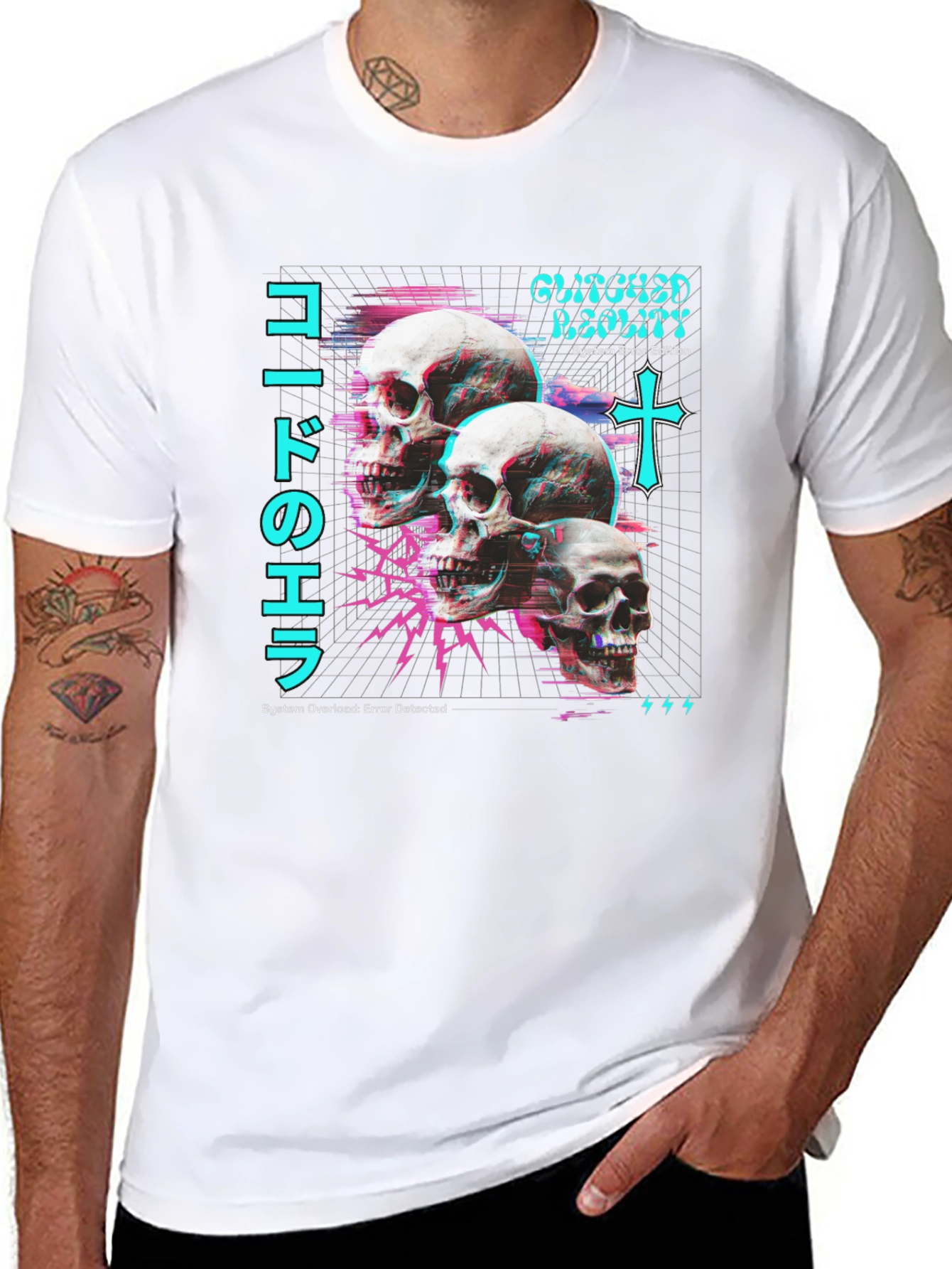 Glitch Reality Skull T-Shirt - Cyberpunk Aesthetic