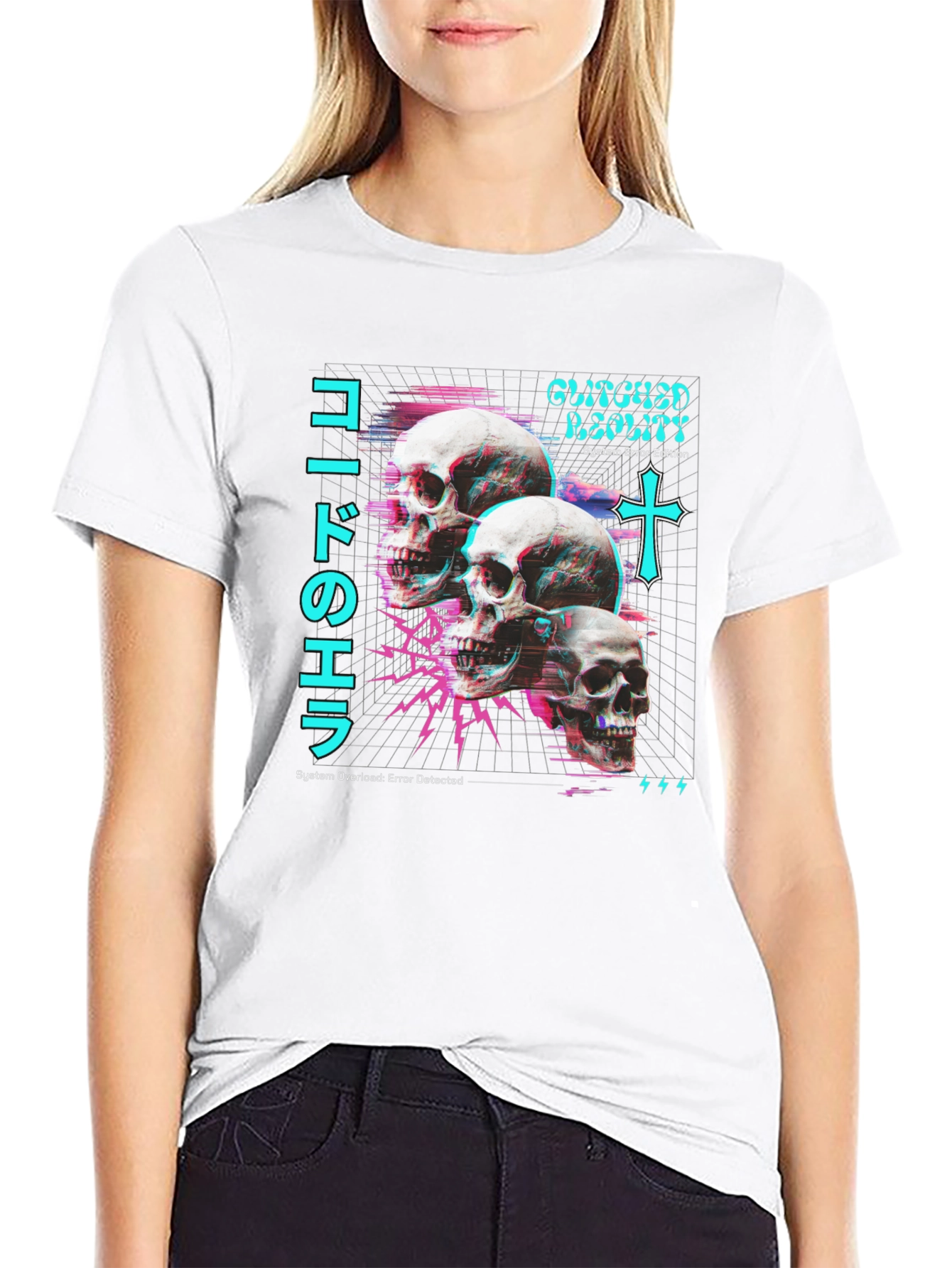 Glitch Reality Skull T-Shirt - Cyberpunk Aesthetic