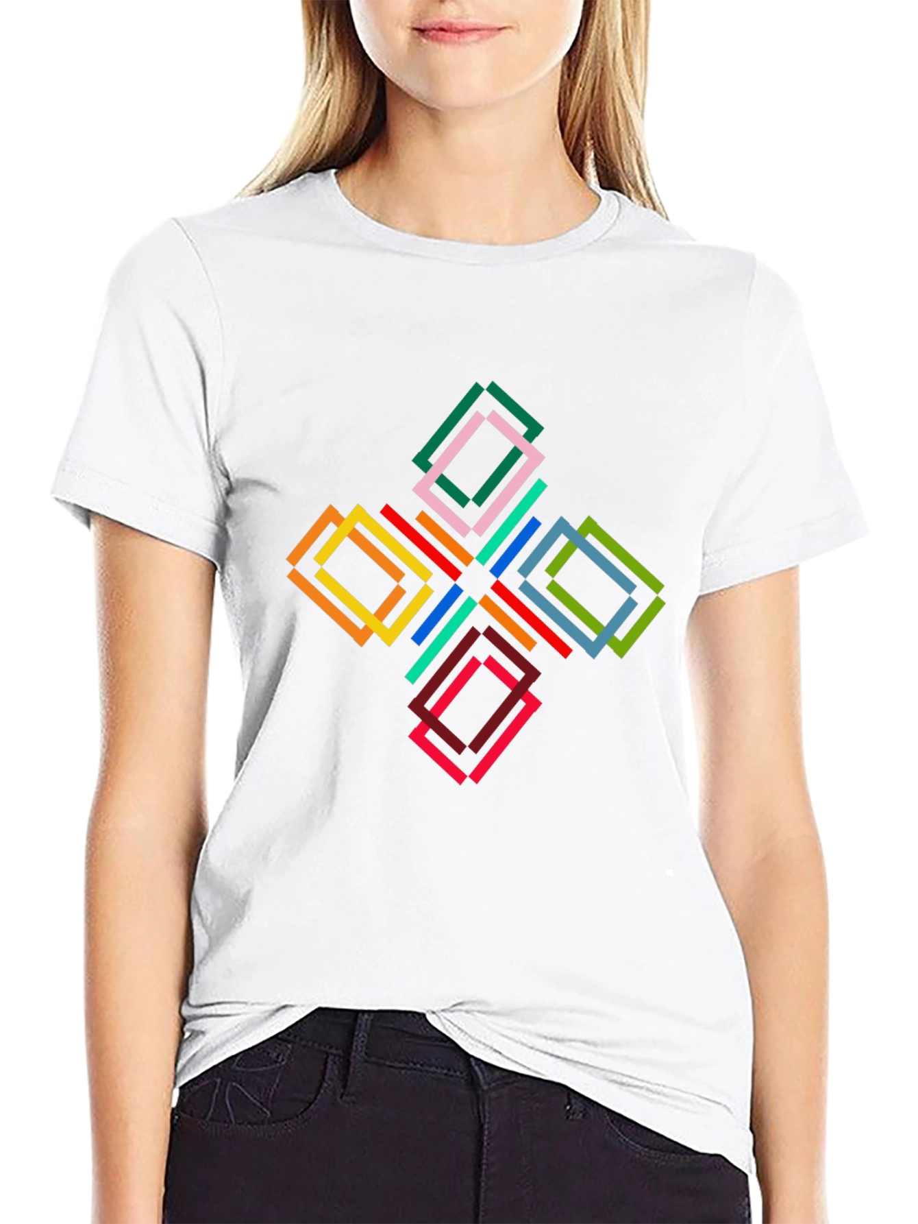Geometric Square Pattern Black T-Shirt