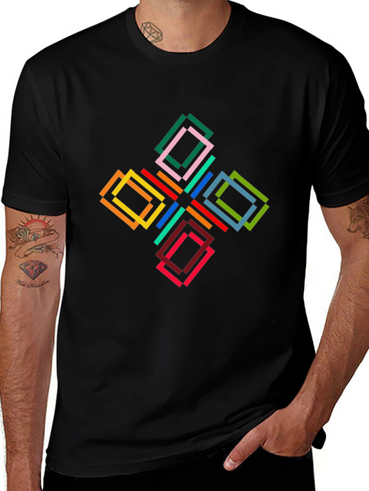 Geometric Square Pattern Black T-Shirt