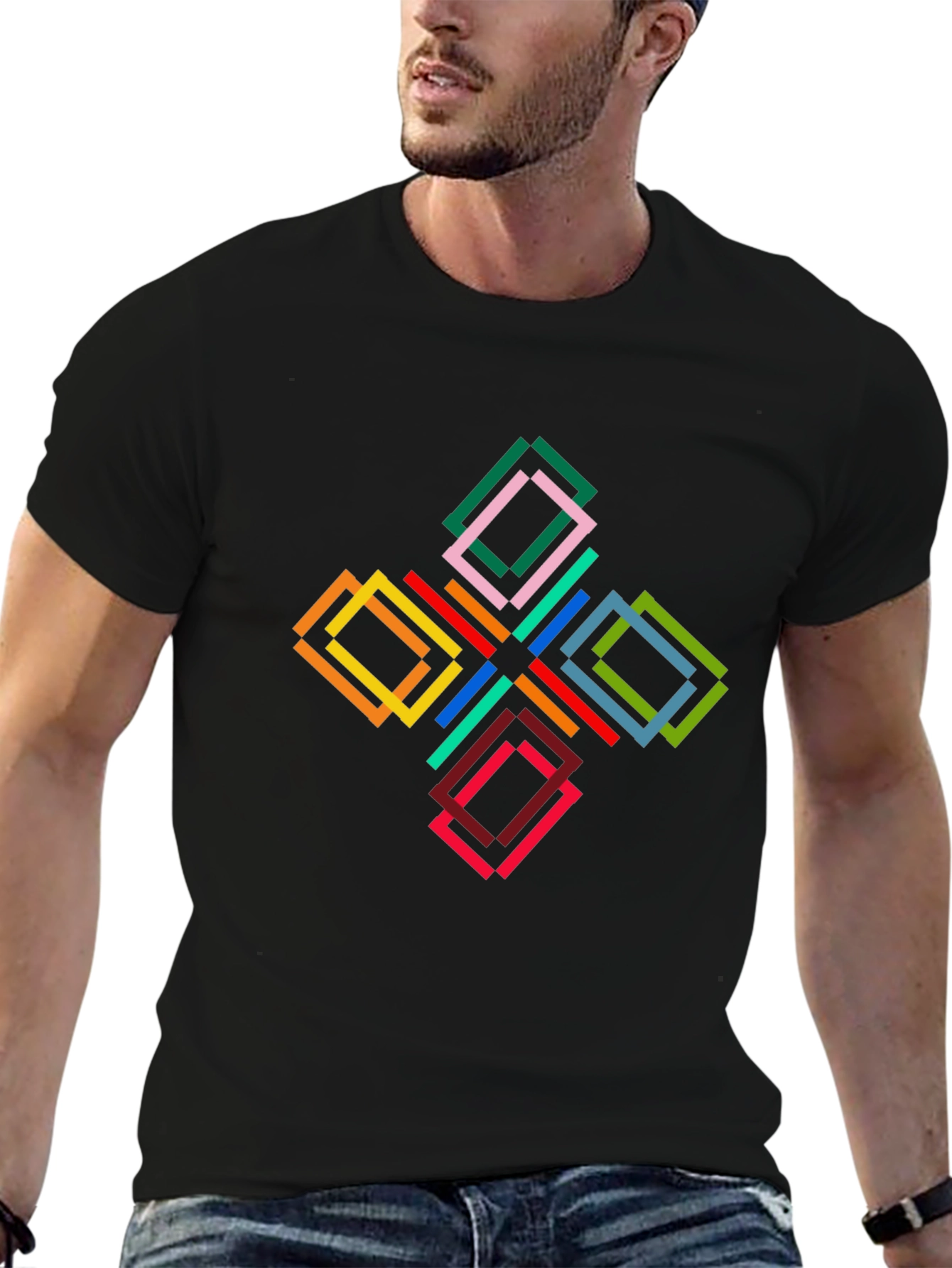 Geometric Square Pattern Black T-Shirt