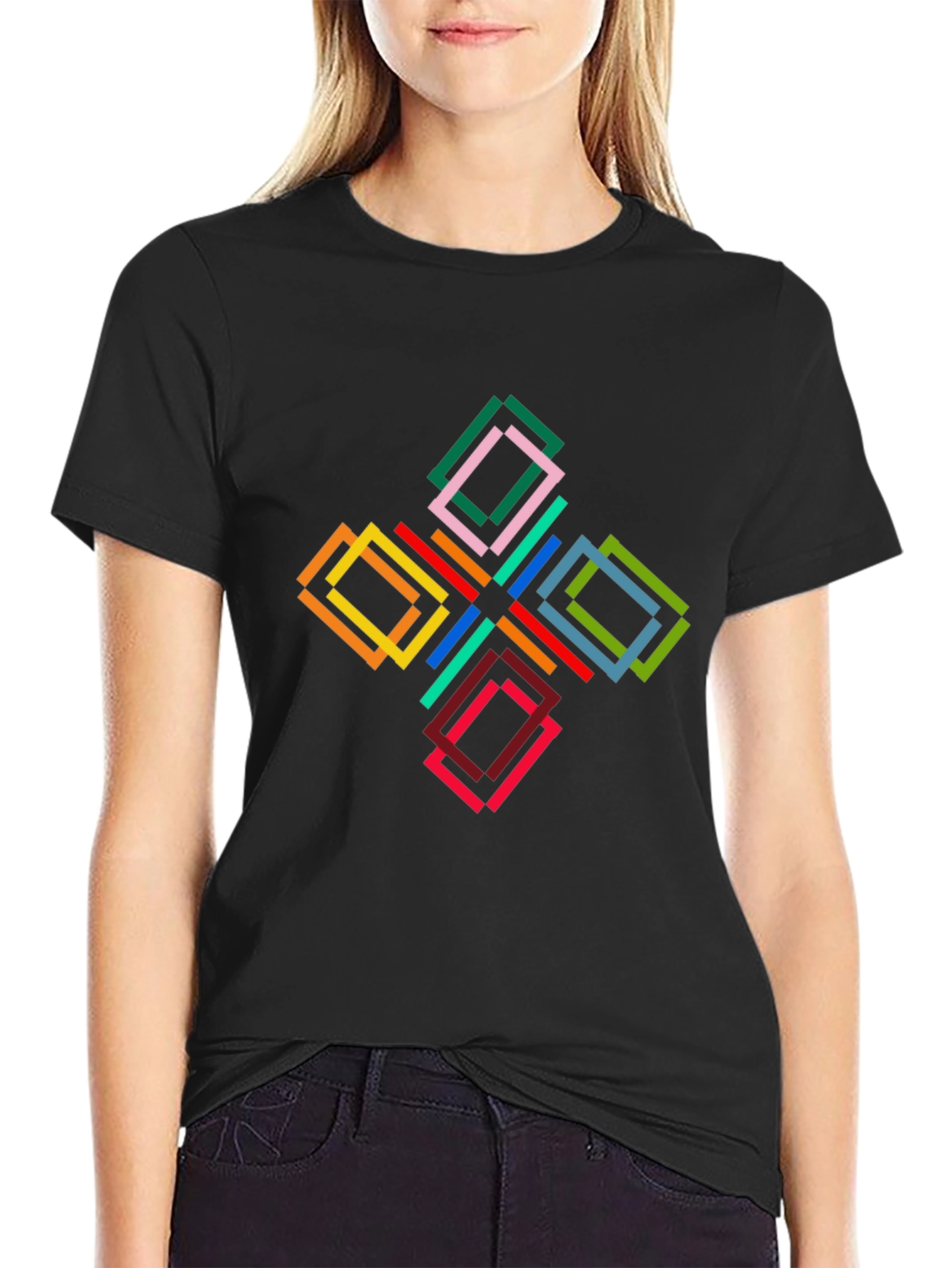 Geometric Square Pattern Black T-Shirt
