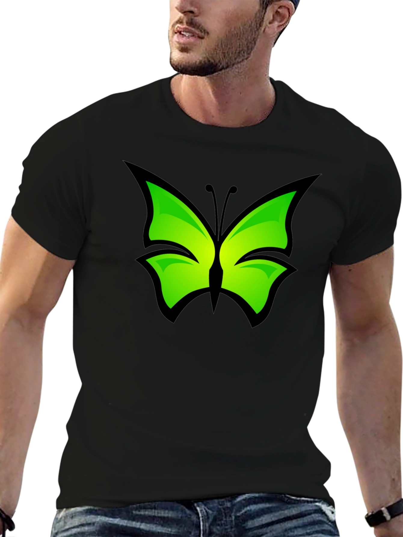 Green Butterfly Graphic Black T-Shirt