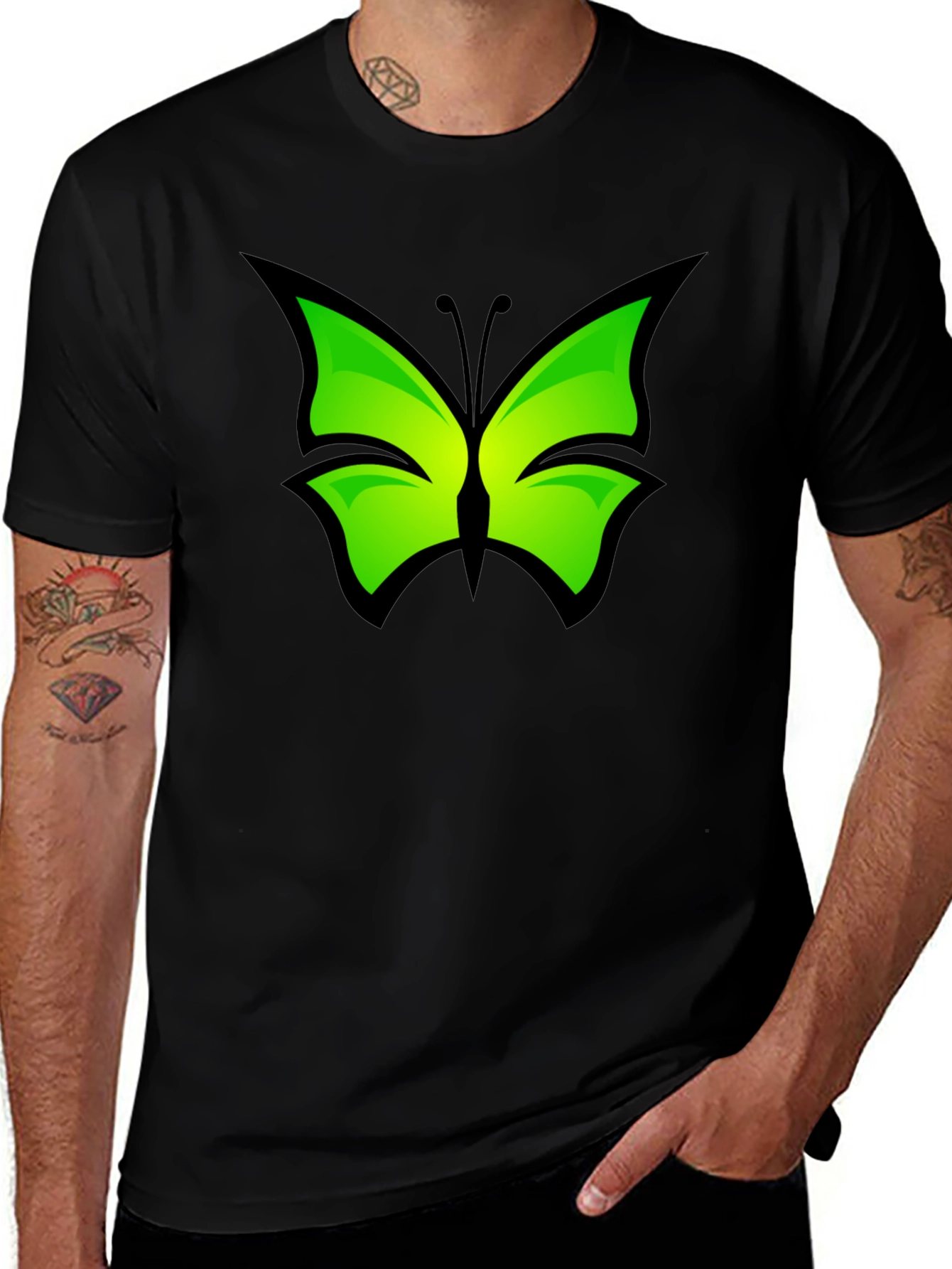 Green Butterfly Graphic Black T-Shirt