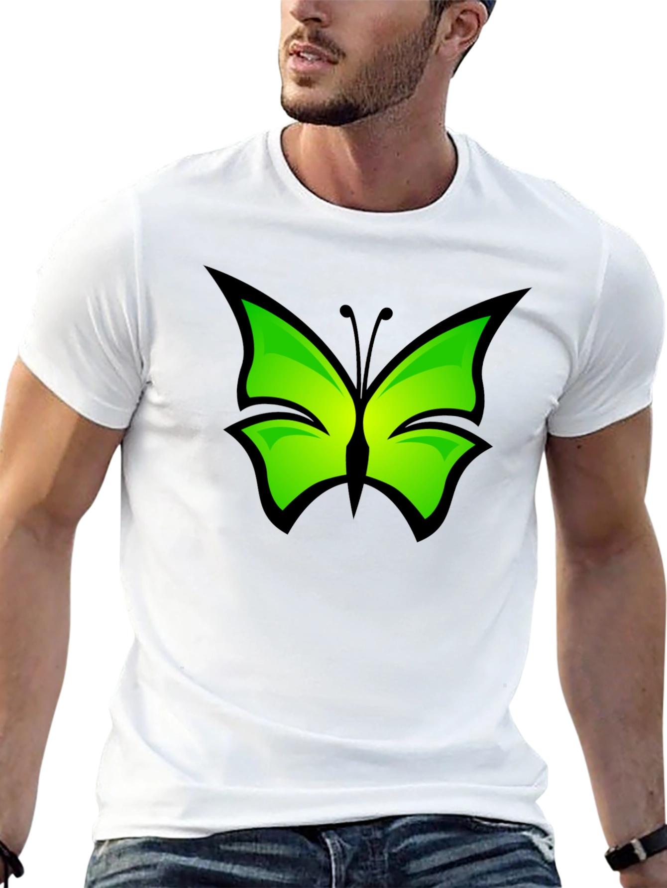 Green Butterfly Graphic Black T-Shirt