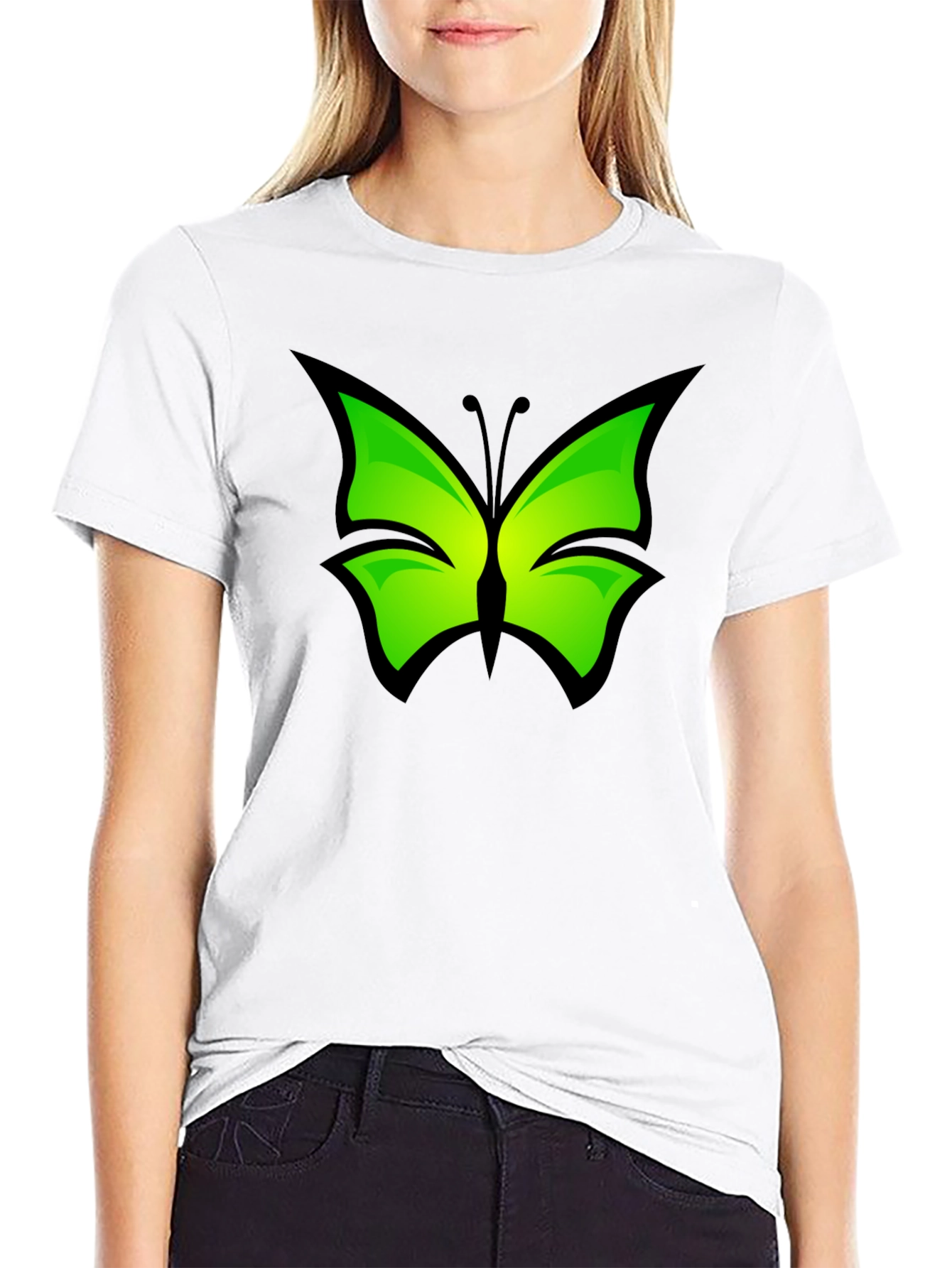 Green Butterfly Graphic Black T-Shirt