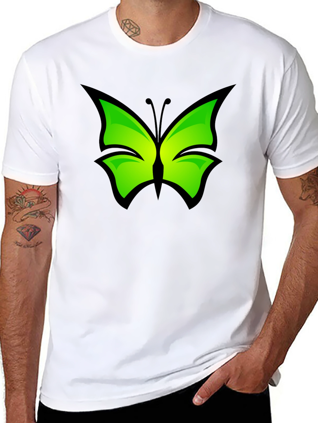 Green Butterfly Graphic Black T-Shirt