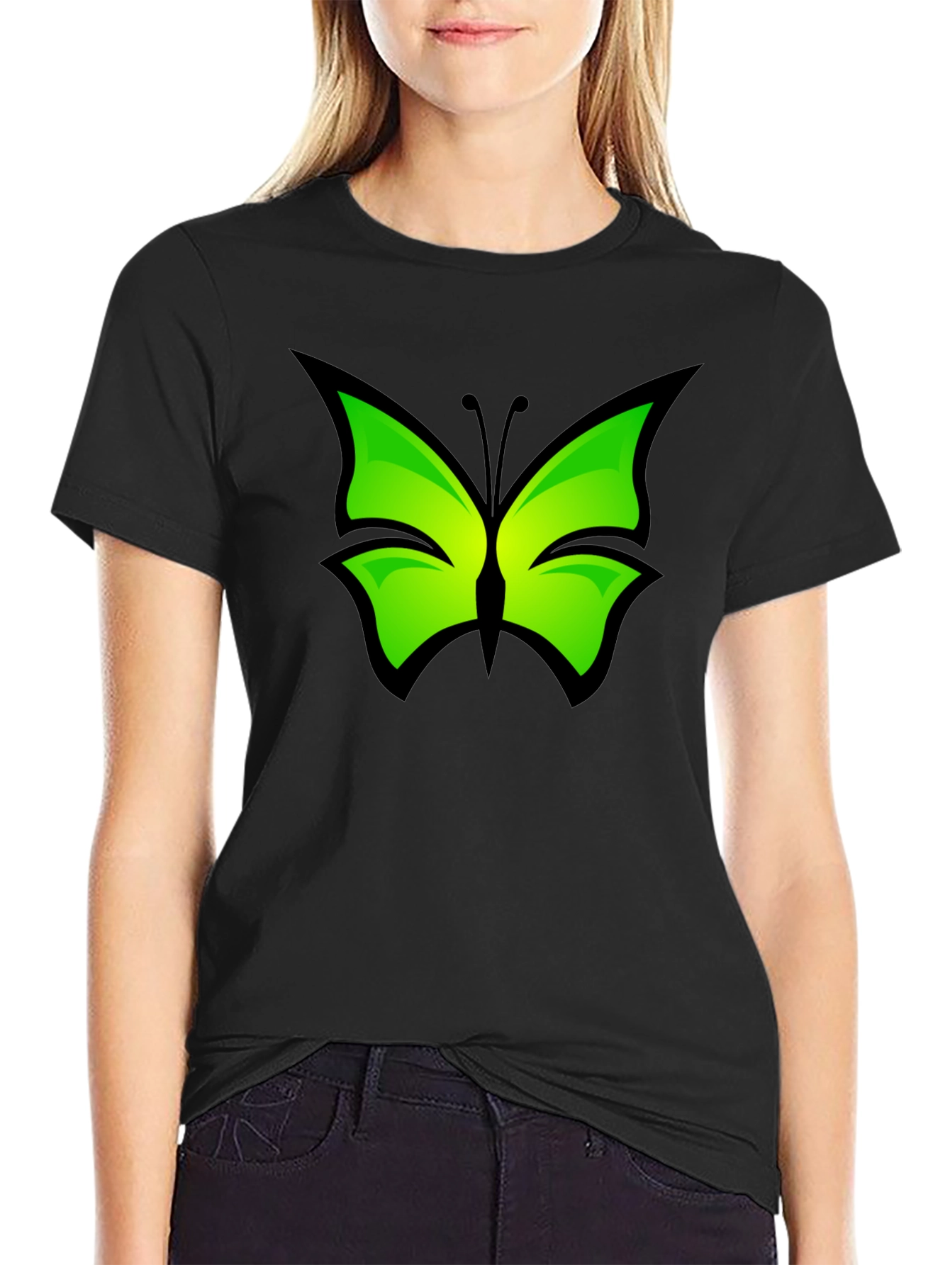 Green Butterfly Graphic Black T-Shirt