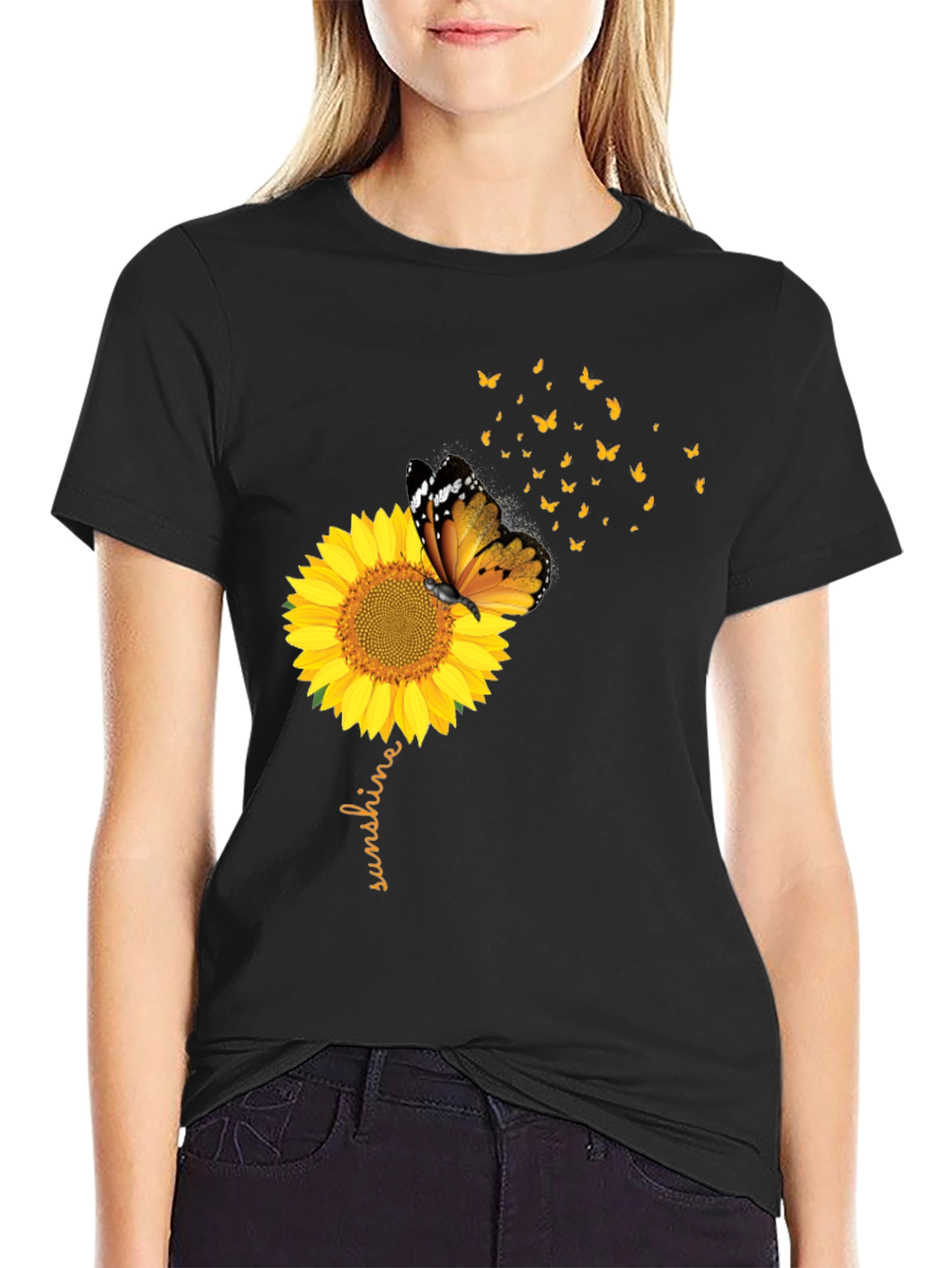 Sunflower Butterfly Sunshine Black Graphic Tee