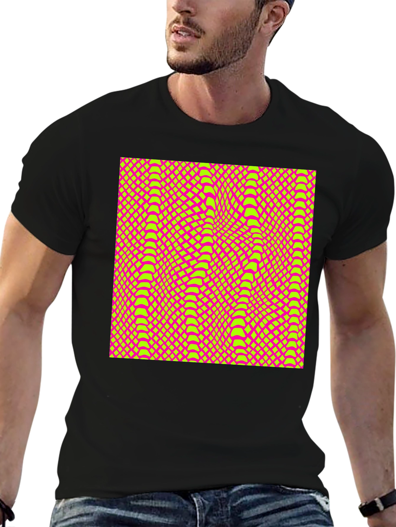 Vivid Geometric Snake Print Crew Neck T-Shirt