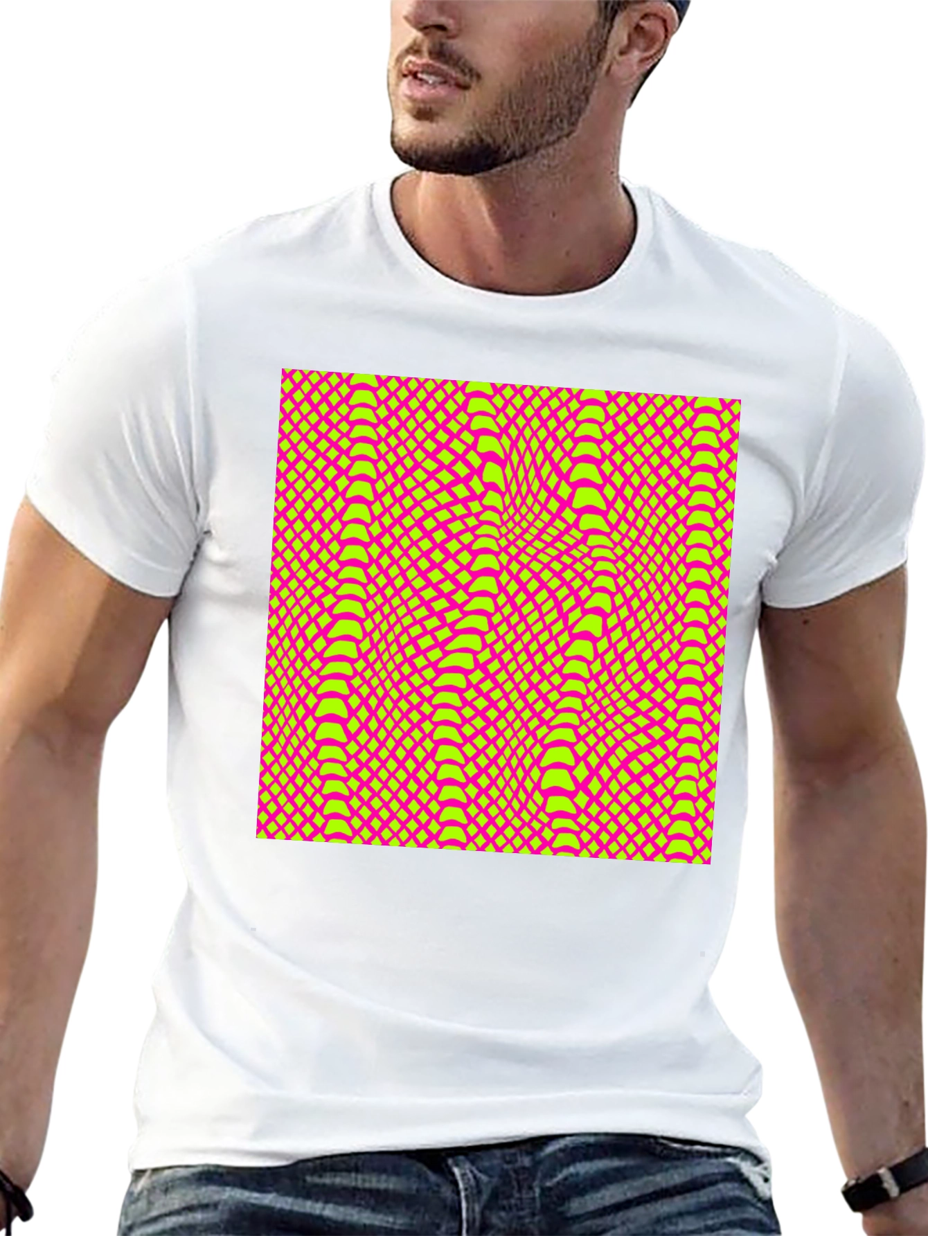 Vivid Geometric Snake Print Crew Neck T-Shirt