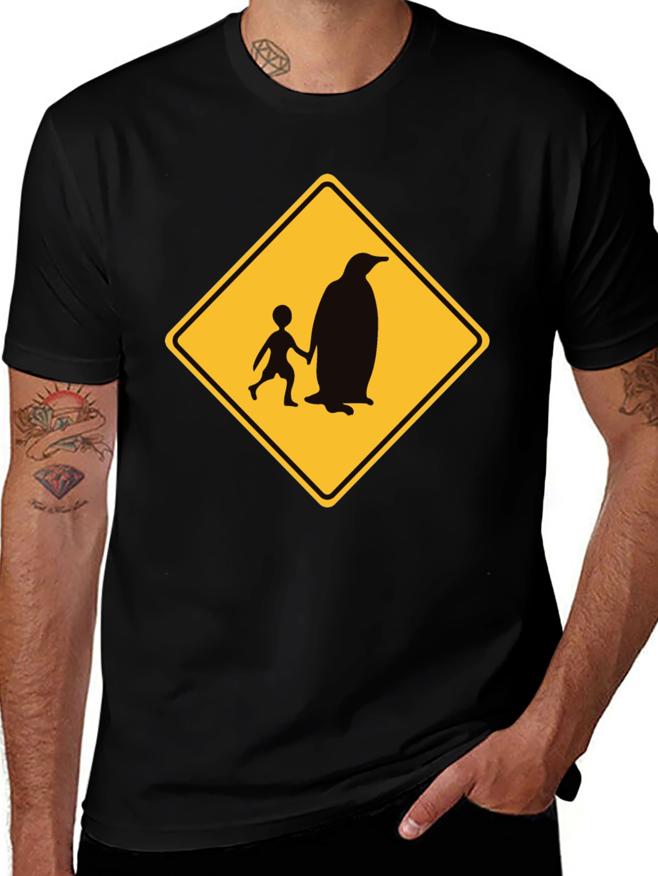 Penguin Crossing Black T-Shirt Novelty Design