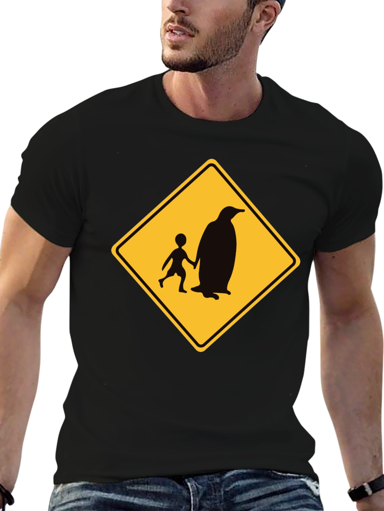 Penguin Crossing Black T-Shirt Novelty Design