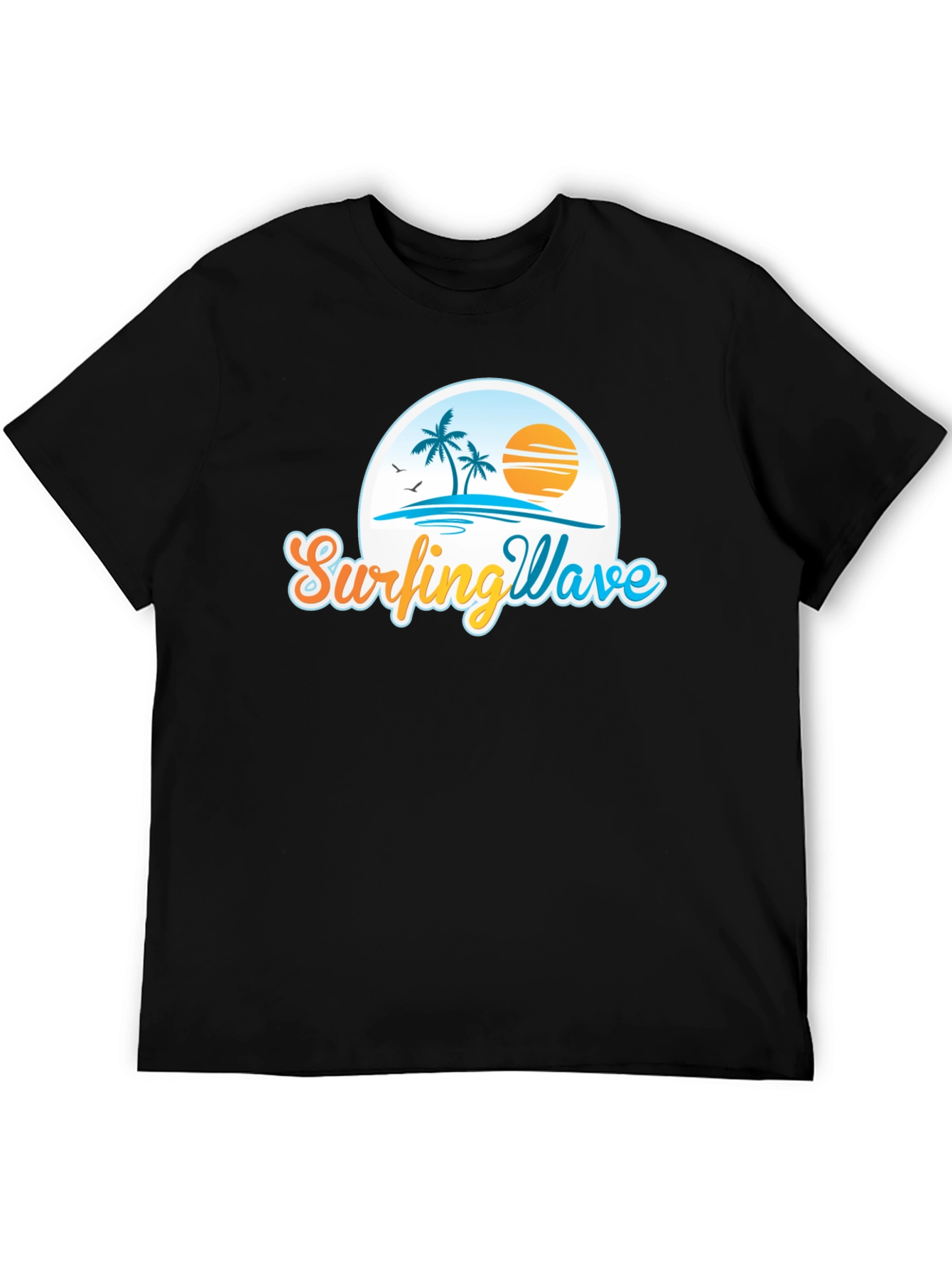 Surfing Wave Black T-Shirt Tropical Design