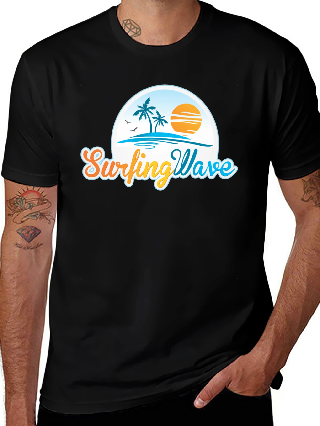 Surfing Wave Black T-Shirt Tropical Design