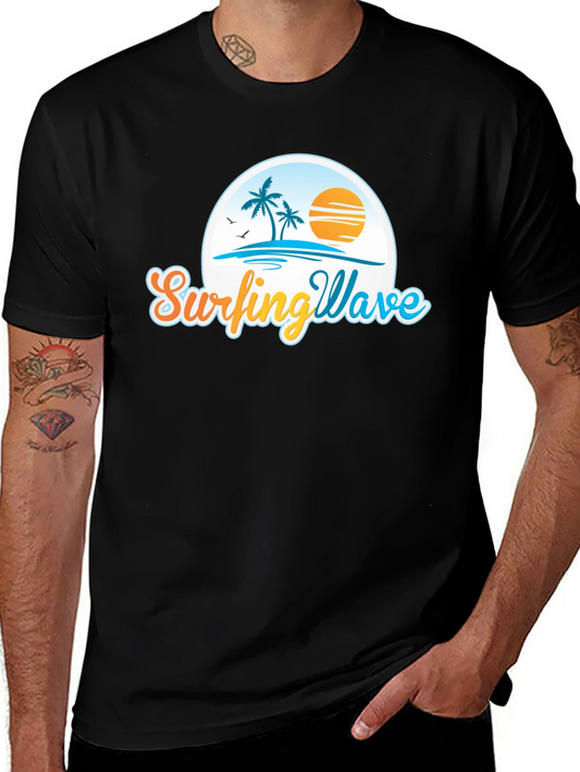 Surfing Wave Black T-Shirt Tropical Design