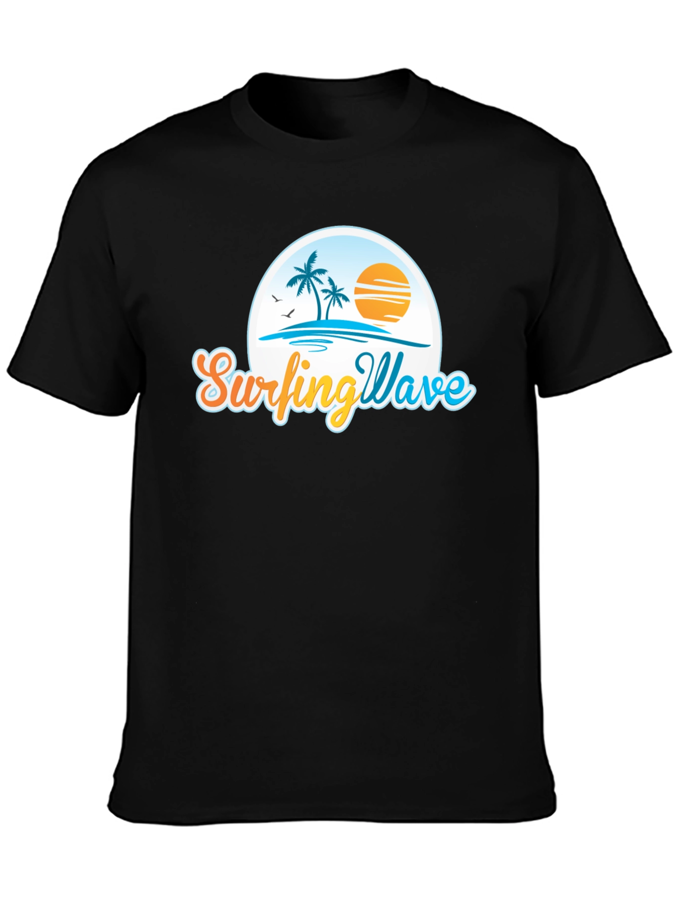 Surfing Wave Black T-Shirt Tropical Design