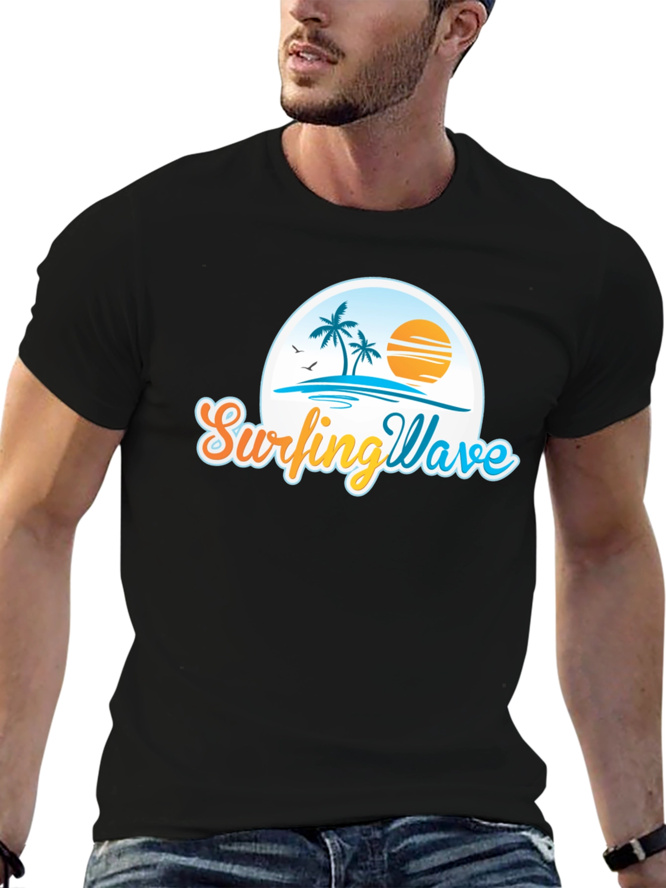 Surfing Wave Black T-Shirt Tropical Design