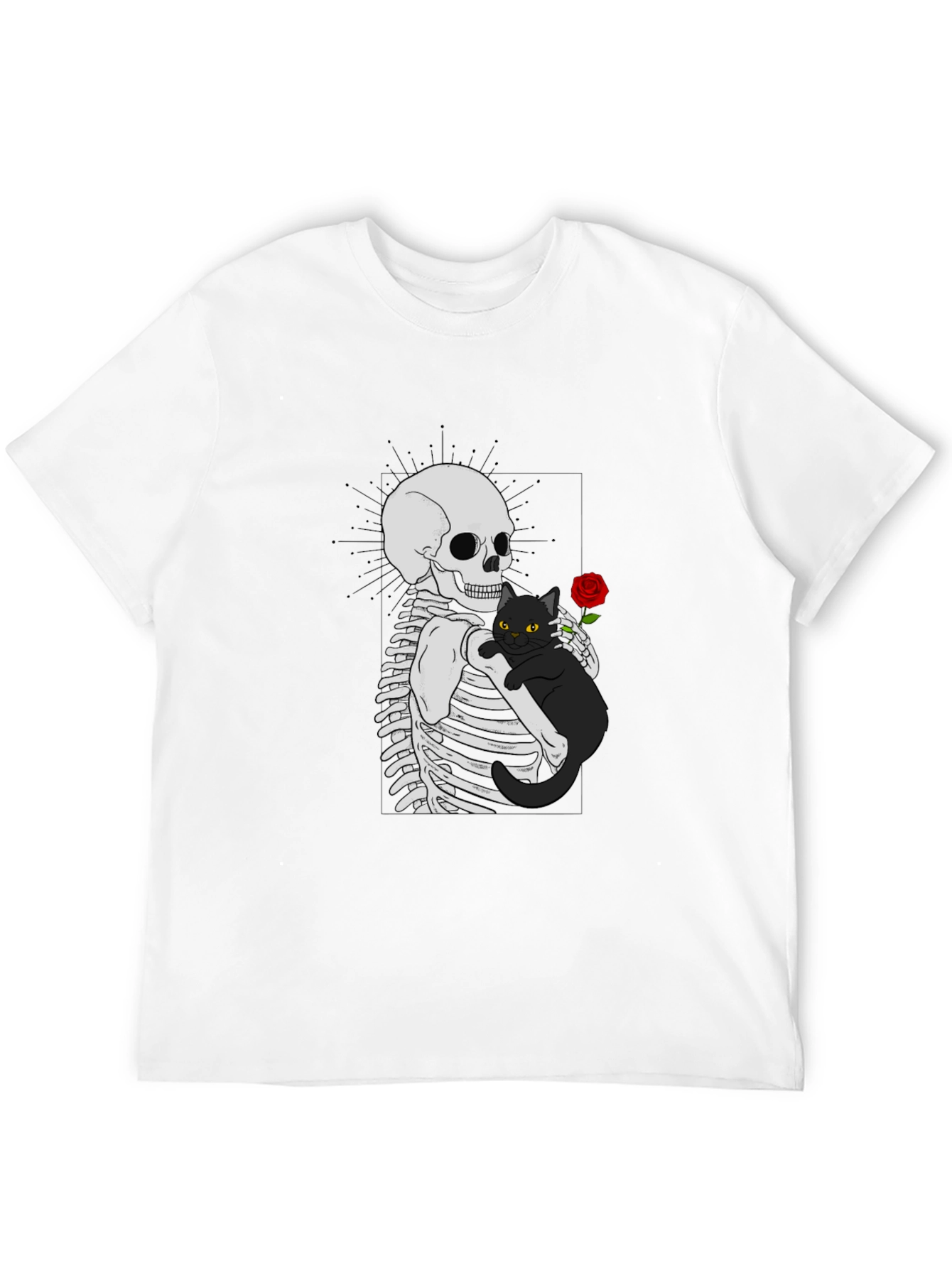 Skeleton & Cat Graphic T-Shirt - Gothic Style
