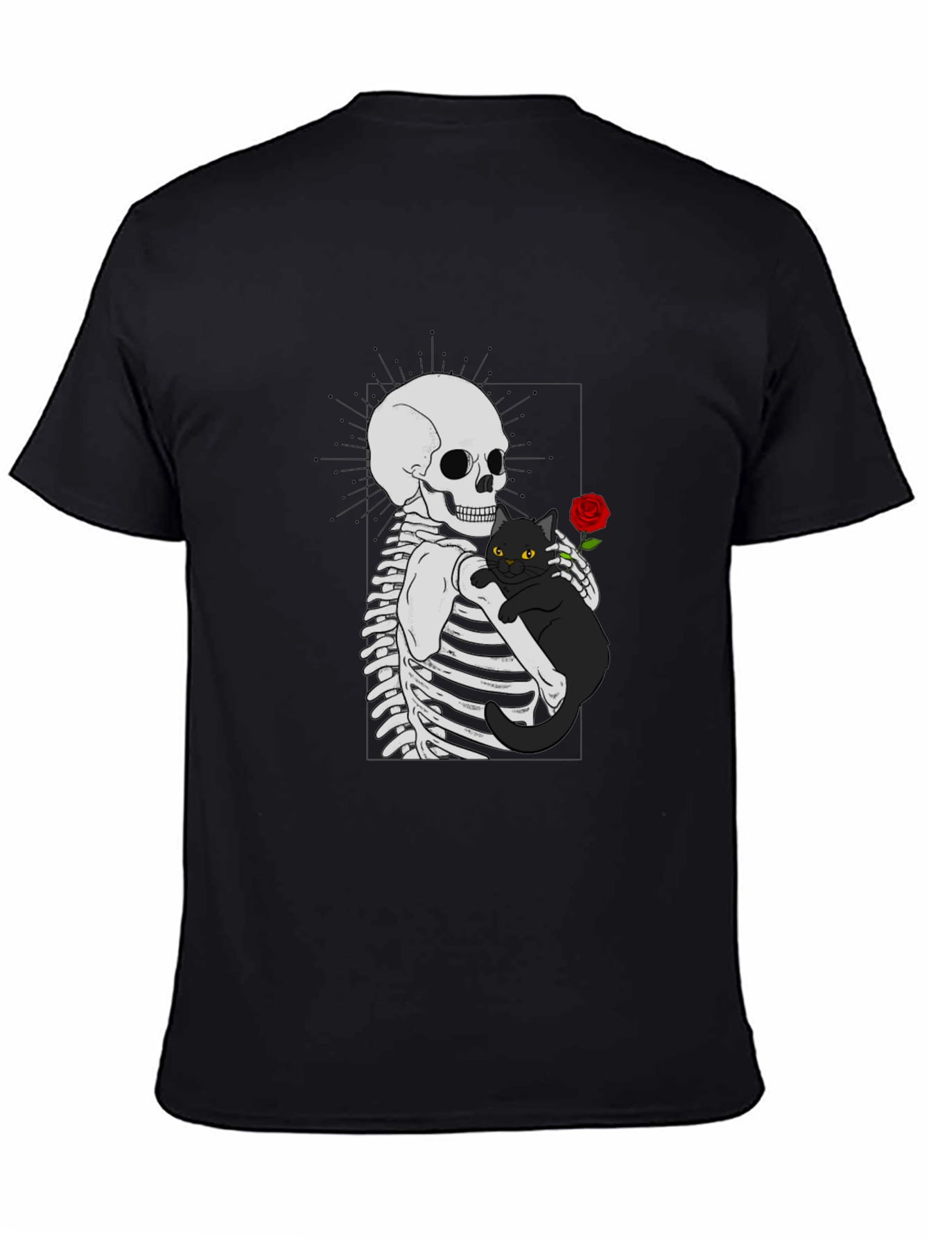 Skeleton & Cat Graphic T-Shirt - Gothic Style