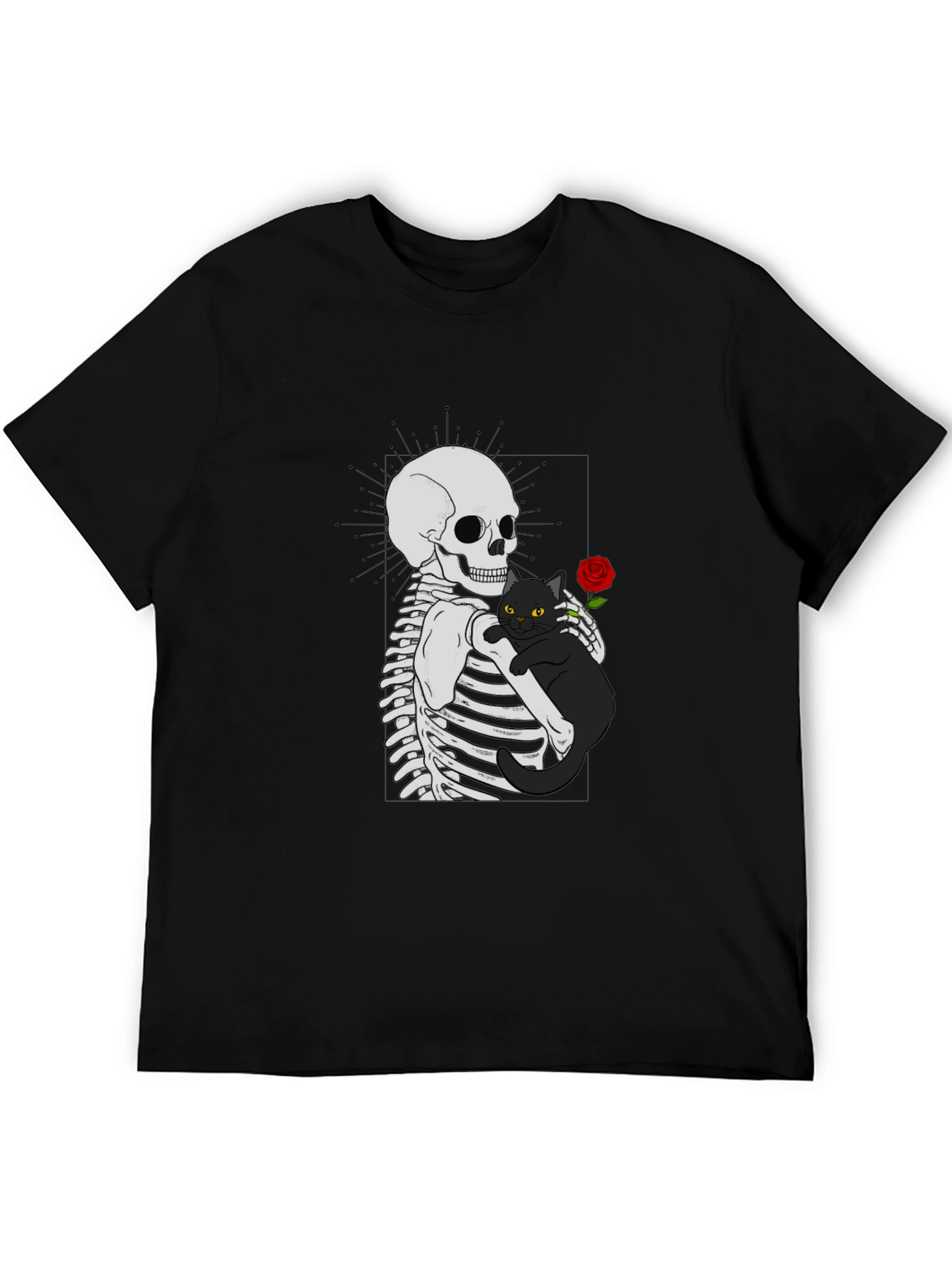 Skeleton & Cat Graphic T-Shirt - Gothic Style