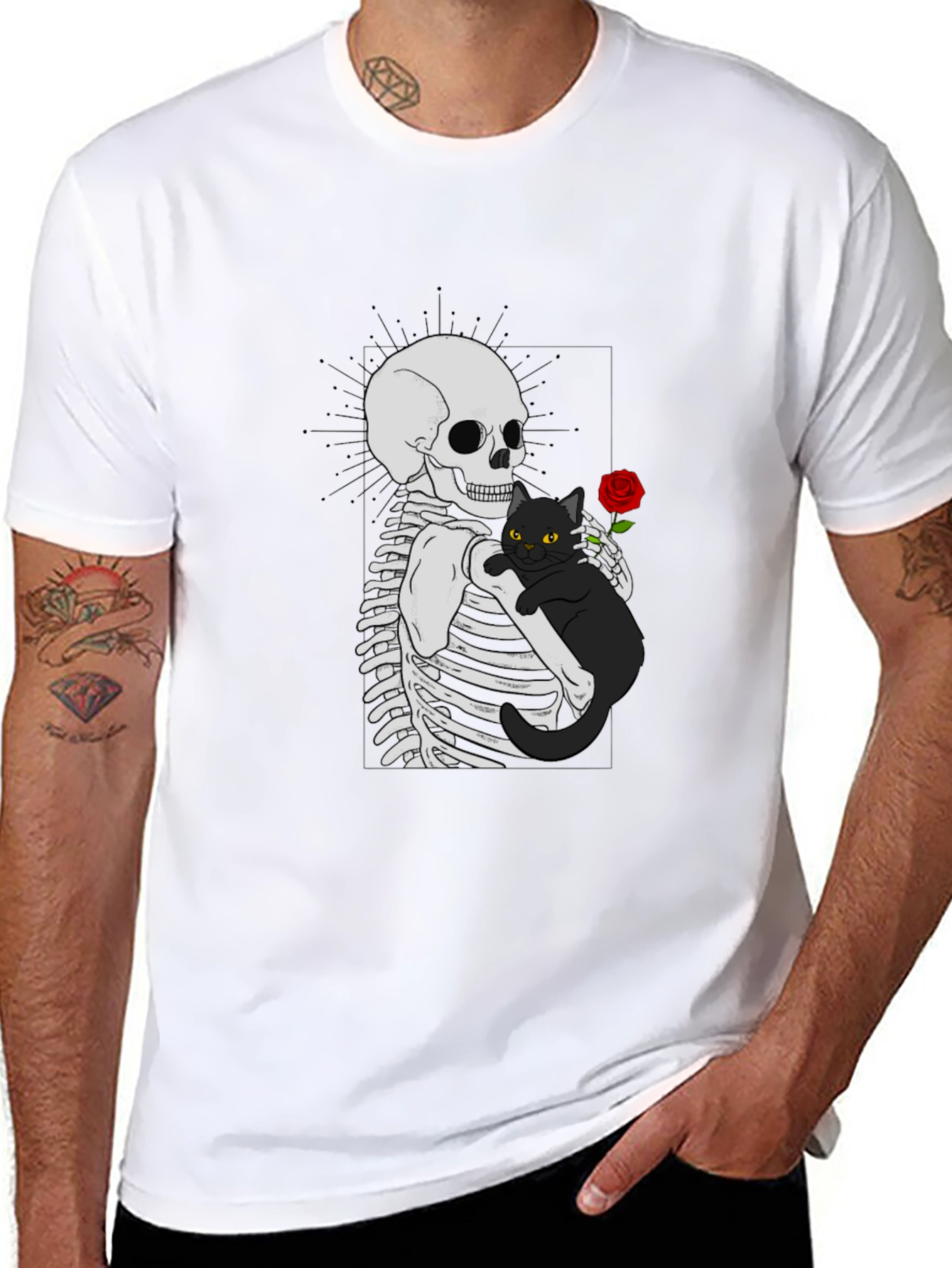 Skeleton & Cat Graphic T-Shirt - Gothic Style