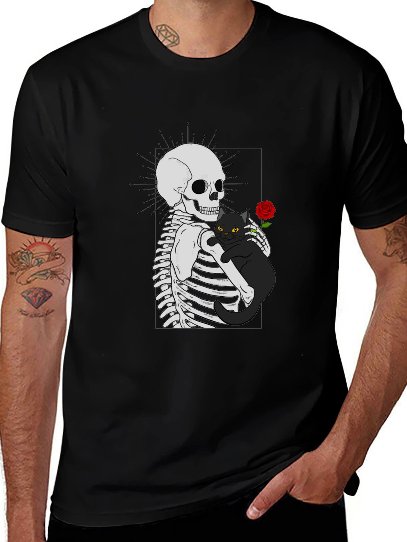 Skeleton & Cat Graphic T-Shirt - Gothic Style