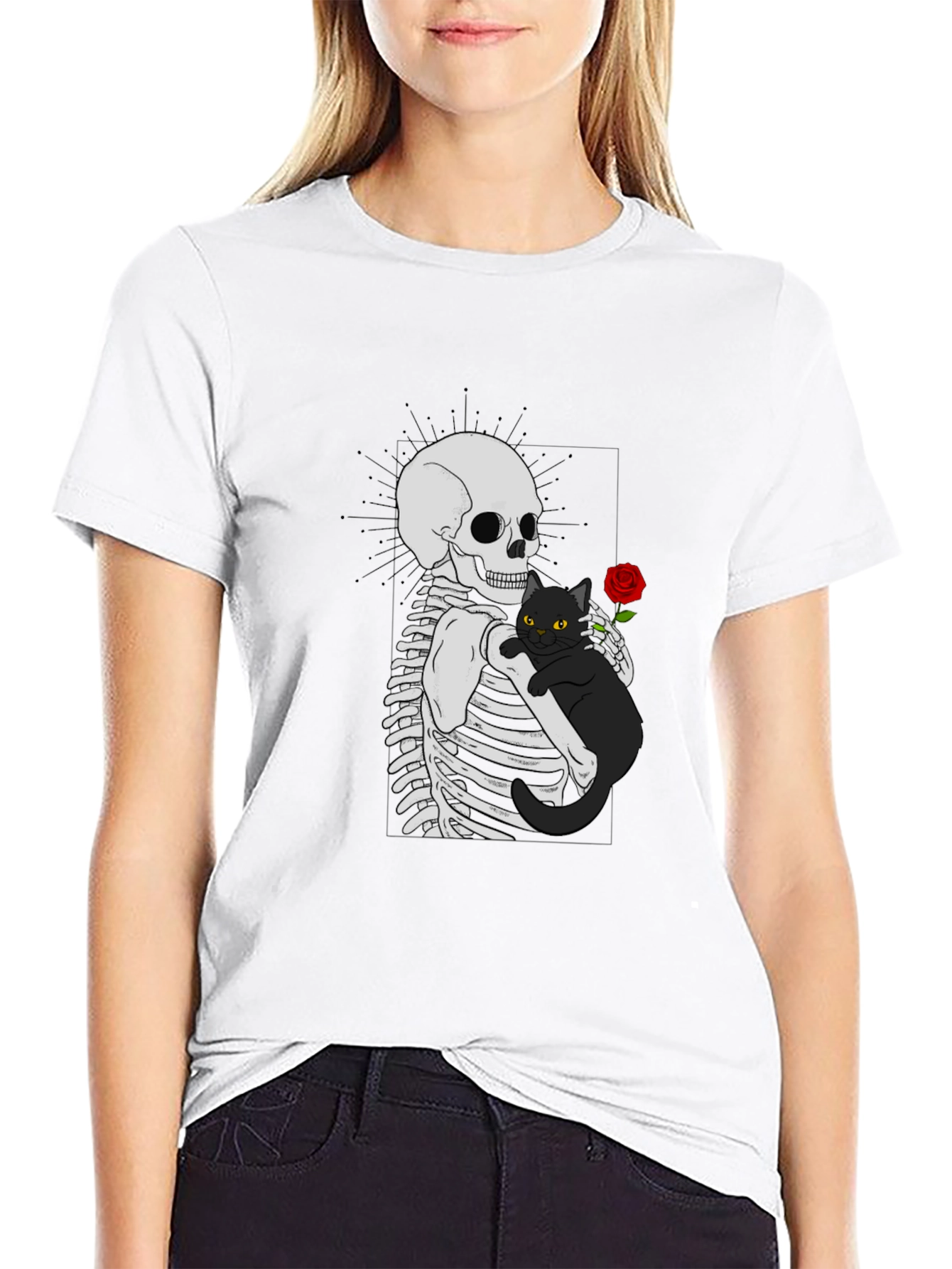 Skeleton & Cat Graphic T-Shirt - Gothic Style