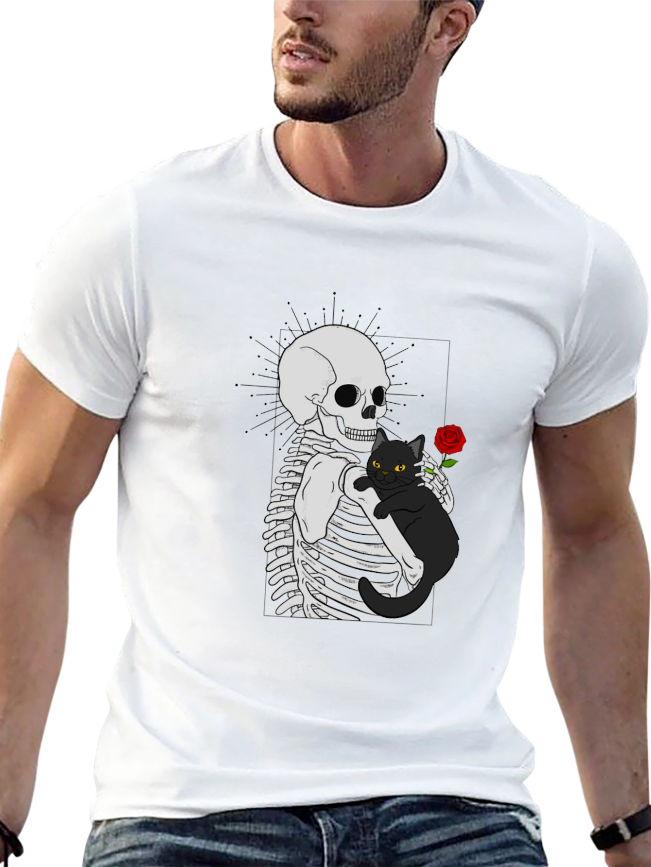 Skeleton & Cat Graphic T-Shirt - Gothic Style