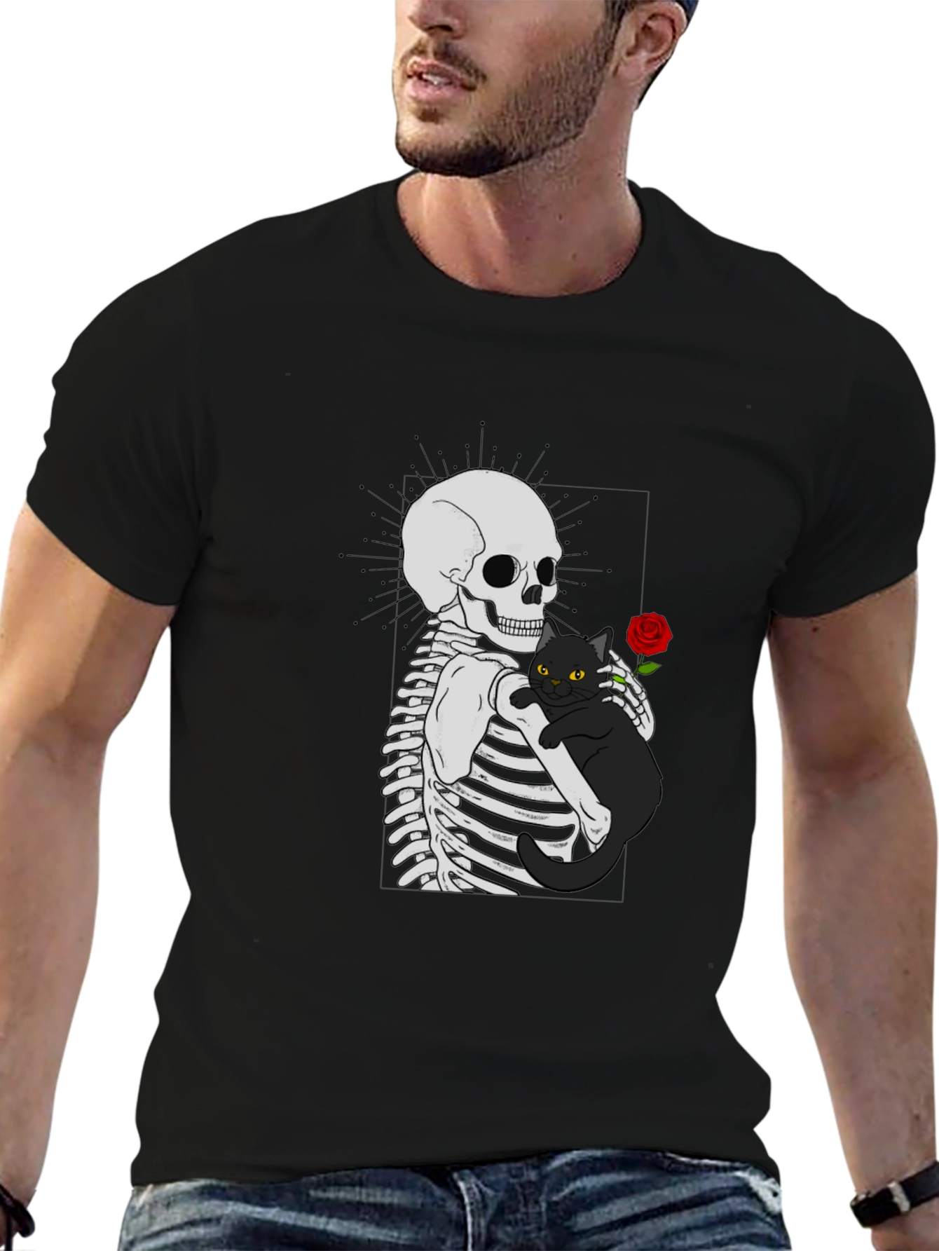 Skeleton & Cat Graphic T-Shirt - Gothic Style