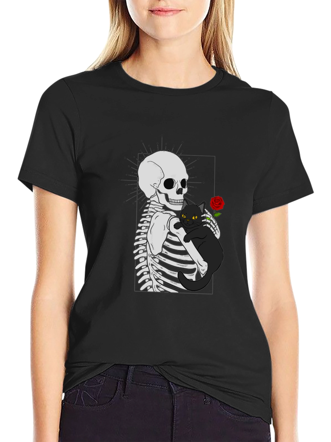 Skeleton & Cat Graphic T-Shirt - Gothic Style