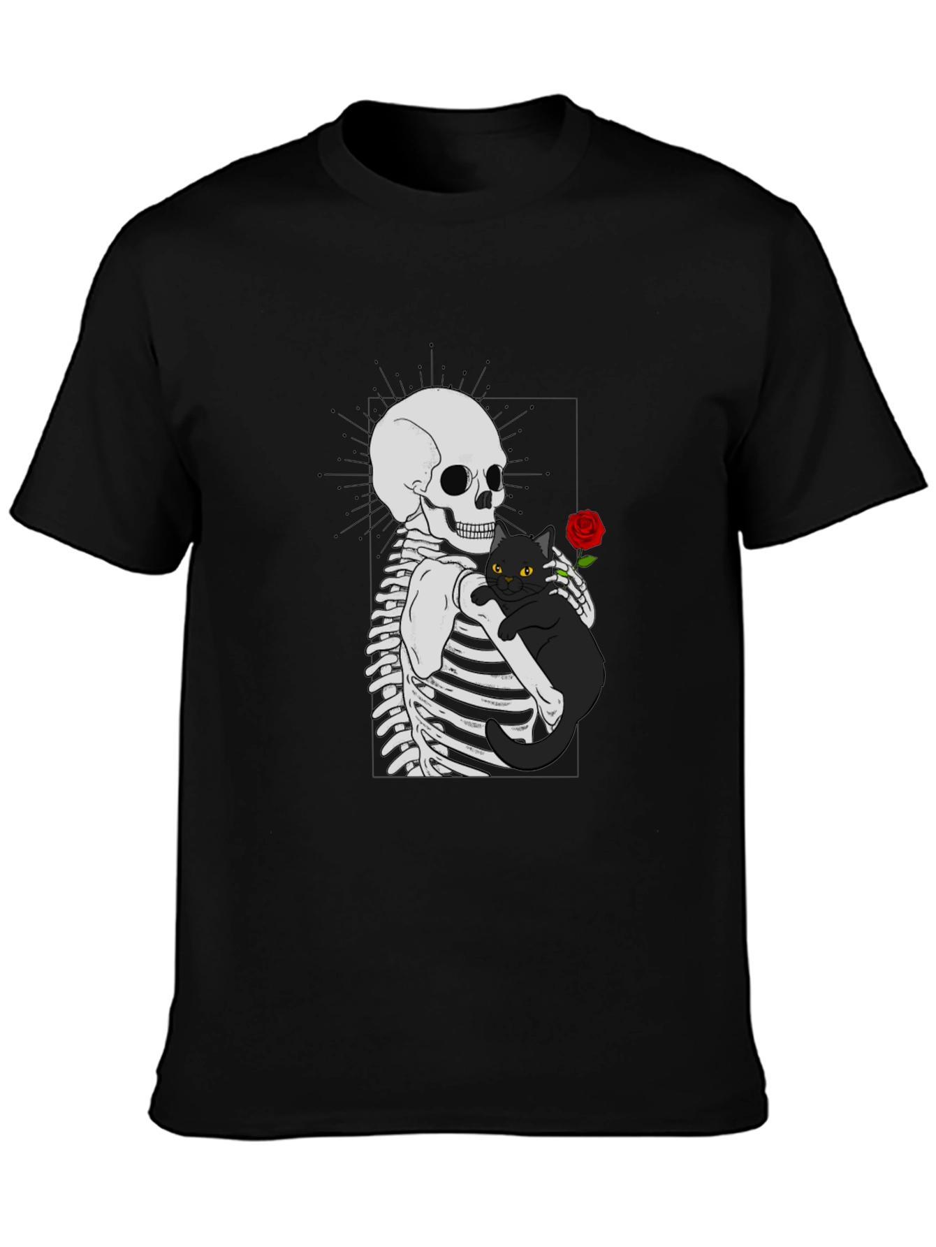 Skeleton & Cat Graphic T-Shirt - Gothic Style
